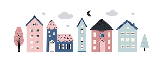 Vector children's doodle illustration of houses, buildings and abstract natural elements