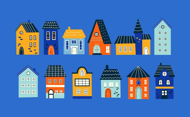 Children's doodle illustration of houses,buildings on a blue background