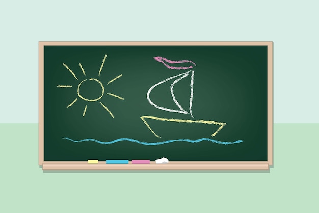 Vector children's drawing of a boat on a schoolboard