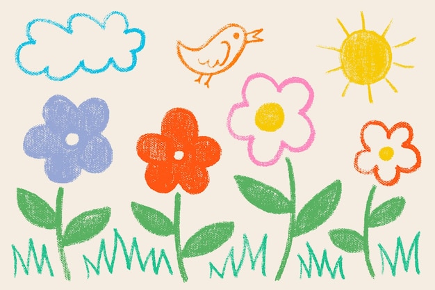 Vector children's drawing flower set with crayons