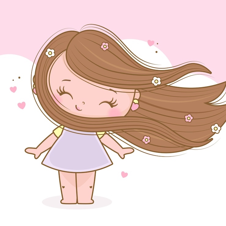 वेक्टर children's drawing of girl with hair flying in the wind in kawaii style