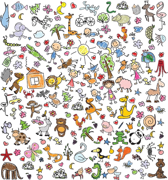 Children's drawings of doodle animals people flowers and other vector illustrations