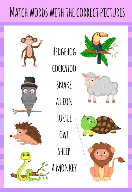 Vector children's educational game for matching the object and the word. cartoon style. vector illustration.