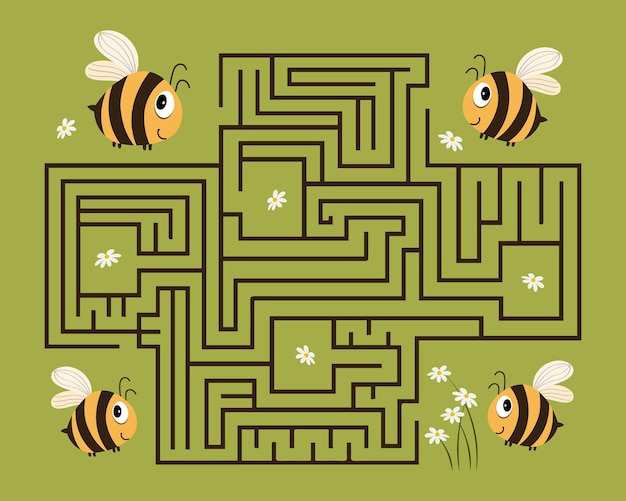 Children's educational maze with funny bees and daisies. Educational illustration for preschoolers