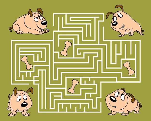 Children's educational maze with funny comical dogs and bones. Educational illustration