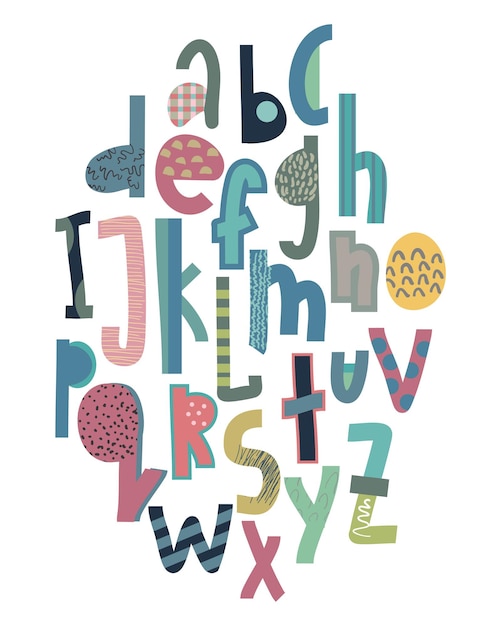 Children s font in the creative abstract style Set of multicolored bright funny letters