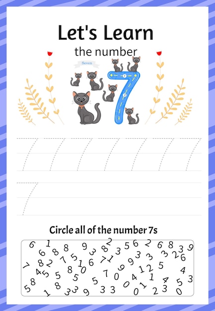 Children's game let's learn the number seven. Cartoon style. Vector illustration.