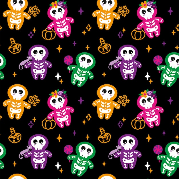 Children's Halloween characters Happy Halloween Seamless pattern on a black background Vector