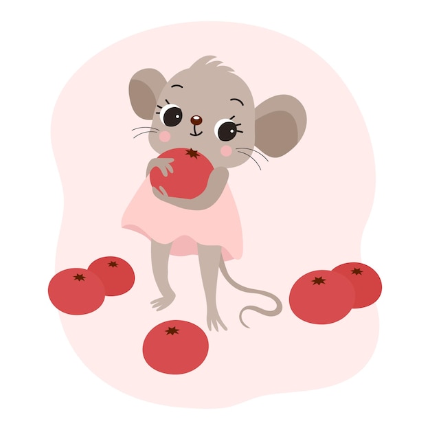 Children's illustration cute little mouse in a pink dress with red berries cartoon character