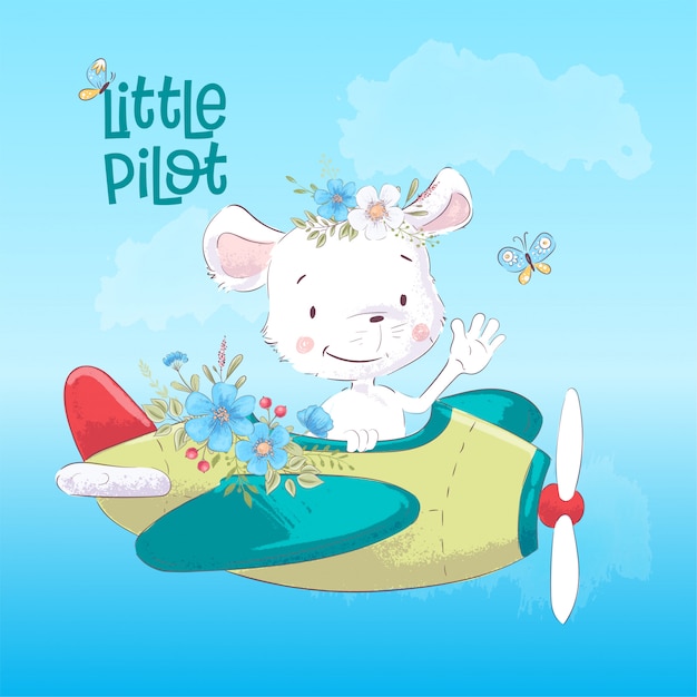 Vector children's illustration cute maus on the plane