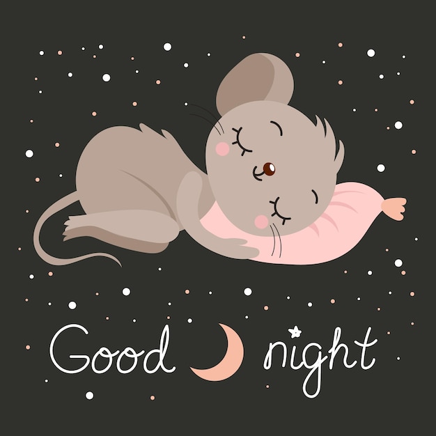 Children's illustration cute mouse sleeping on a pink pad and text Good night