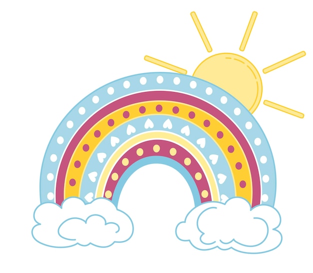 Children's illustration of rainbows clouds and sun