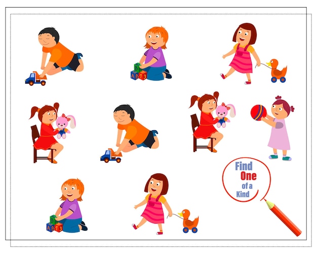 Children's logic game find a couple cute cartoon kids playing with toys vector isolated on a white background