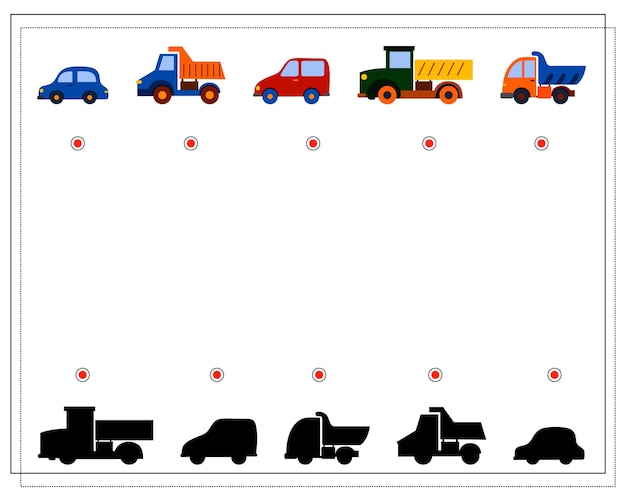 Vettore gioco di logica per bambini, trova l'ombra giusta. macchinine per bambini.