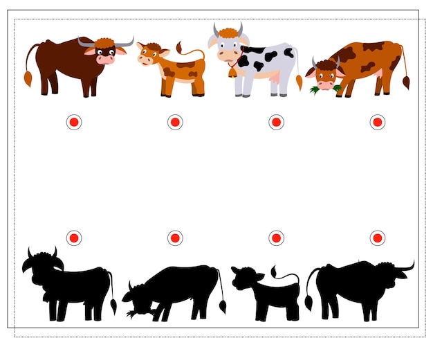 Vector children's logic game find the right shadow cow bull calf vector isolated on a white background