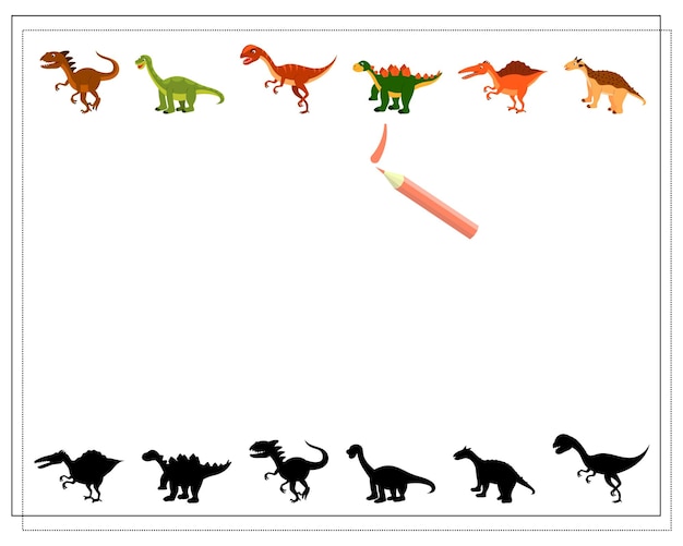 Детская логическая игра найди правильную тень милый мультяшный динозавр вектор