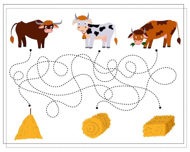 Vettore gioco di logica per bambini attraversa il labirinto guida le mucche attraverso il labirinto fino al fieno vector