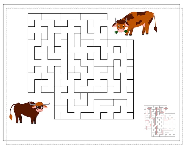 Детская логическая игра Пройди лабиринт Проведи коров через лабиринт Вектор