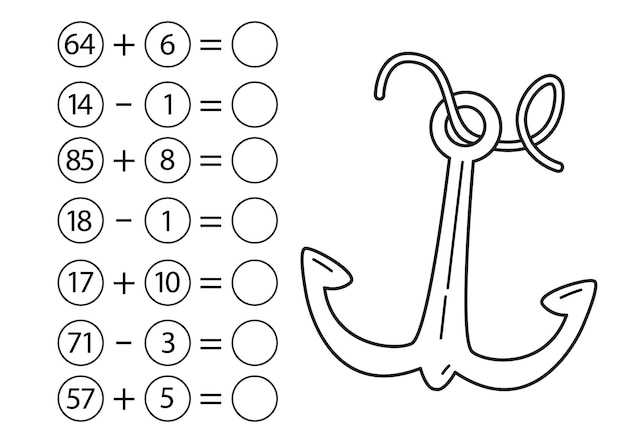 Children's math game subtraction and addition of numbers Sea anchor coloring page Mini task write