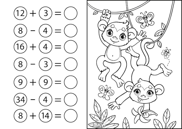 어린이 수학 게임 뺄셈과 숫자의 덧셈 귀여운 원숭이 마모셋과 함께 색칠하기 책