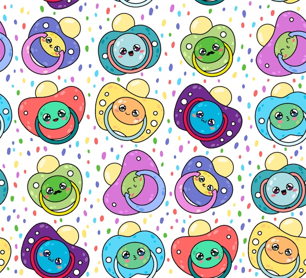 Children's pacifiers seamless pattern with cute kawaii faces. Nipple newborn child. Baby care equipment.