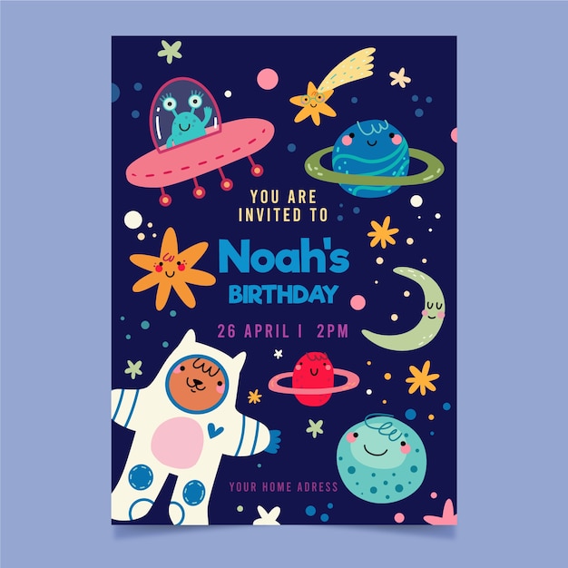 Children's party invitation and space planets