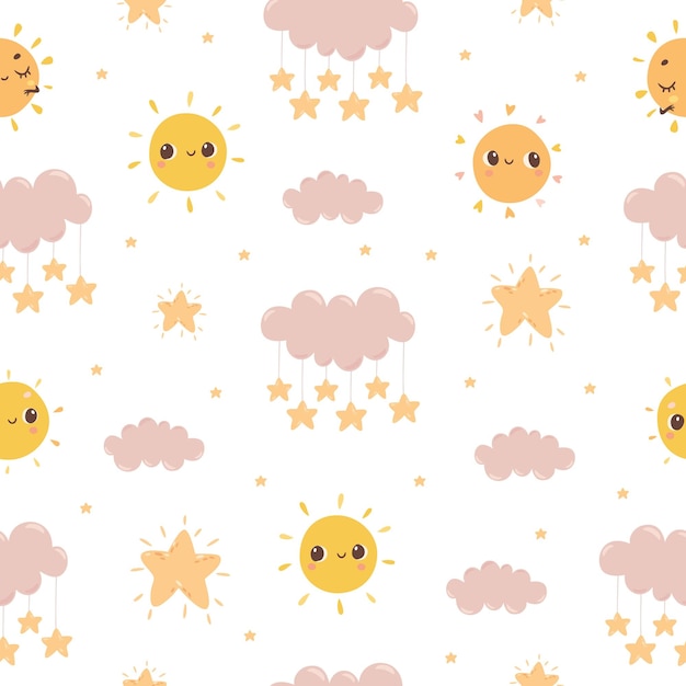 Vector children's pattern with suns and clouds