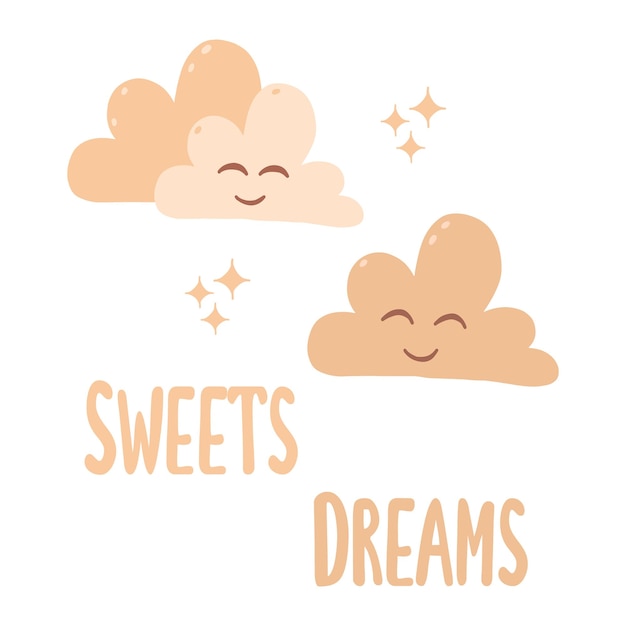 Children's poster with clouds in the style of children's boho Vector illustration Sweet Dreams