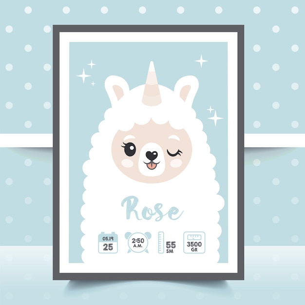 Children's posters, height, weight, date of birth. Lama, llama, alpaca, unicorn. Vector illustration. llustration newborn metric for children bedroom.