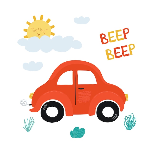 만화 스타일의 빨간 미니 자동차와 '삐'라는 글자가 있는 어린이 포스터. 어린이 방 디자인을 위한 귀여운 삽화, 엽서, 옷 프린트. 벡터