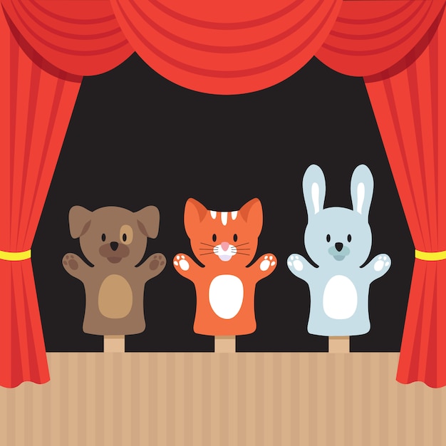 Vector children's puppet theater scene with cute animals and red curtain.