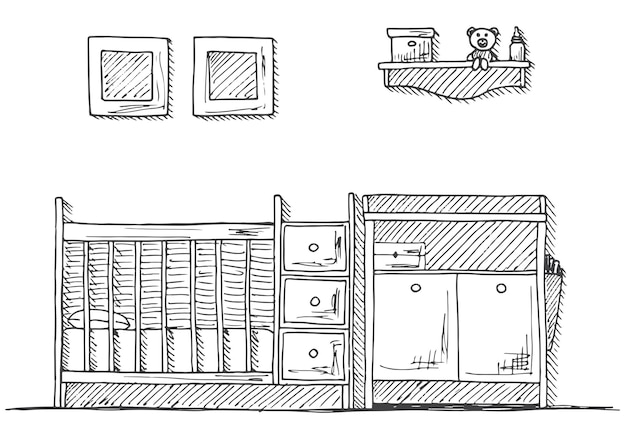 La stanza dei bambini. mobili per bambini. culla, fasciatoio. illustrazione vettoriale disegnato a mano di uno stile di schizzo.