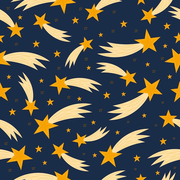 Children's seamless pattern Falling stars Flat style Bright golden stars on a dark background