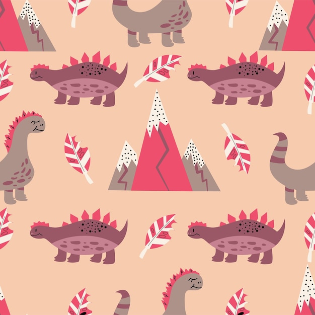 공룡, 산, 물린 잎이 있는 분홍색의 어린이 원활한 패턴. 귀여운 공룡이 있는 아기 직물을 위한 평면 스타일의 벡터 그림.
