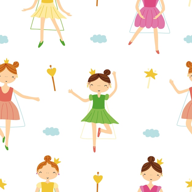 Children's seamless pattern of princesses in different poses handdrawn on a white background for textile and nursery decoration