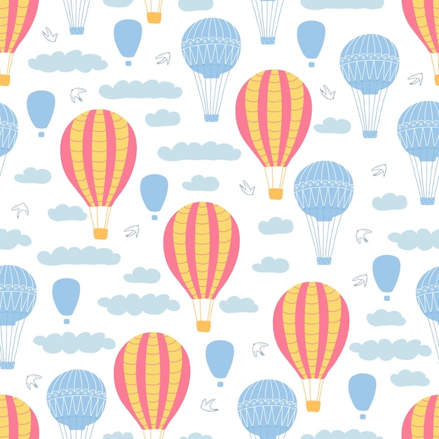 Vector children's seamless pattern with air balloons, rainbow, clouds and birds on white background. cute texture for kids room design, wallpaper, textiles, wrapping paper, apparel. vector illustration