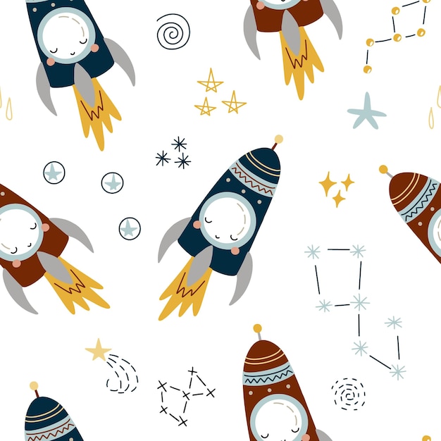 Children's seamless pattern with funny rockets in outer space on a white background for your design