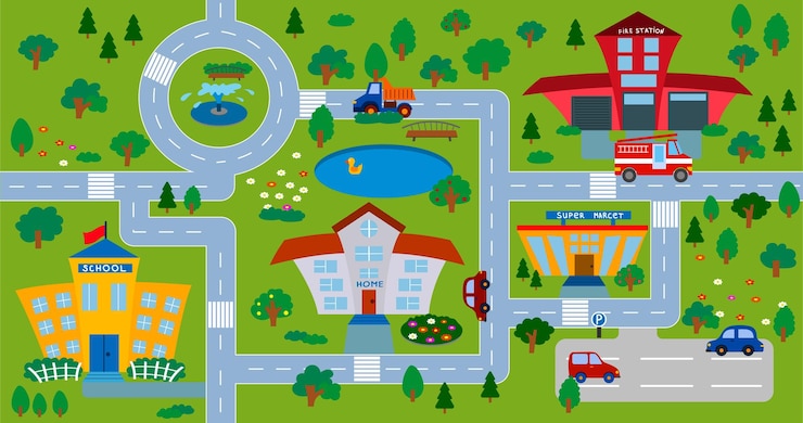 Vector children's seamless pattern with a road map urban landscape with cars