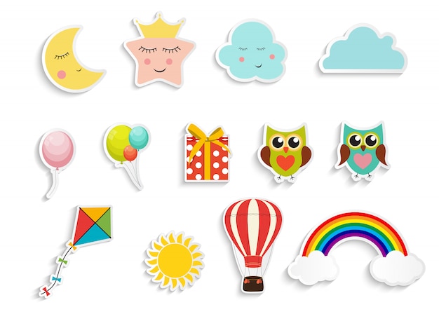 Children s stickers with balloons, gift box owl, star, cloud, kite collection set  Illustration