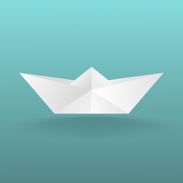 Children's toy boat made of paper. With a shadow on a turquoise background. Vector image.