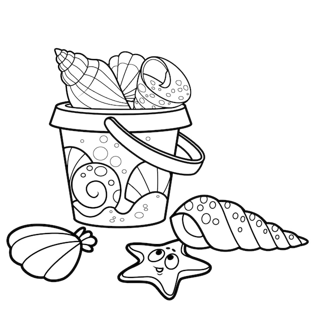 Children's toy bucket for playing in the sandbox full of sea shells outlined on white background
