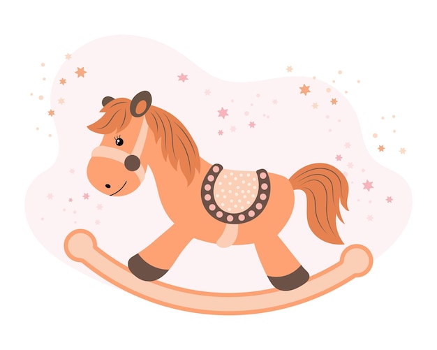 Children's toy rocking horse on a background of stars Children's card vector