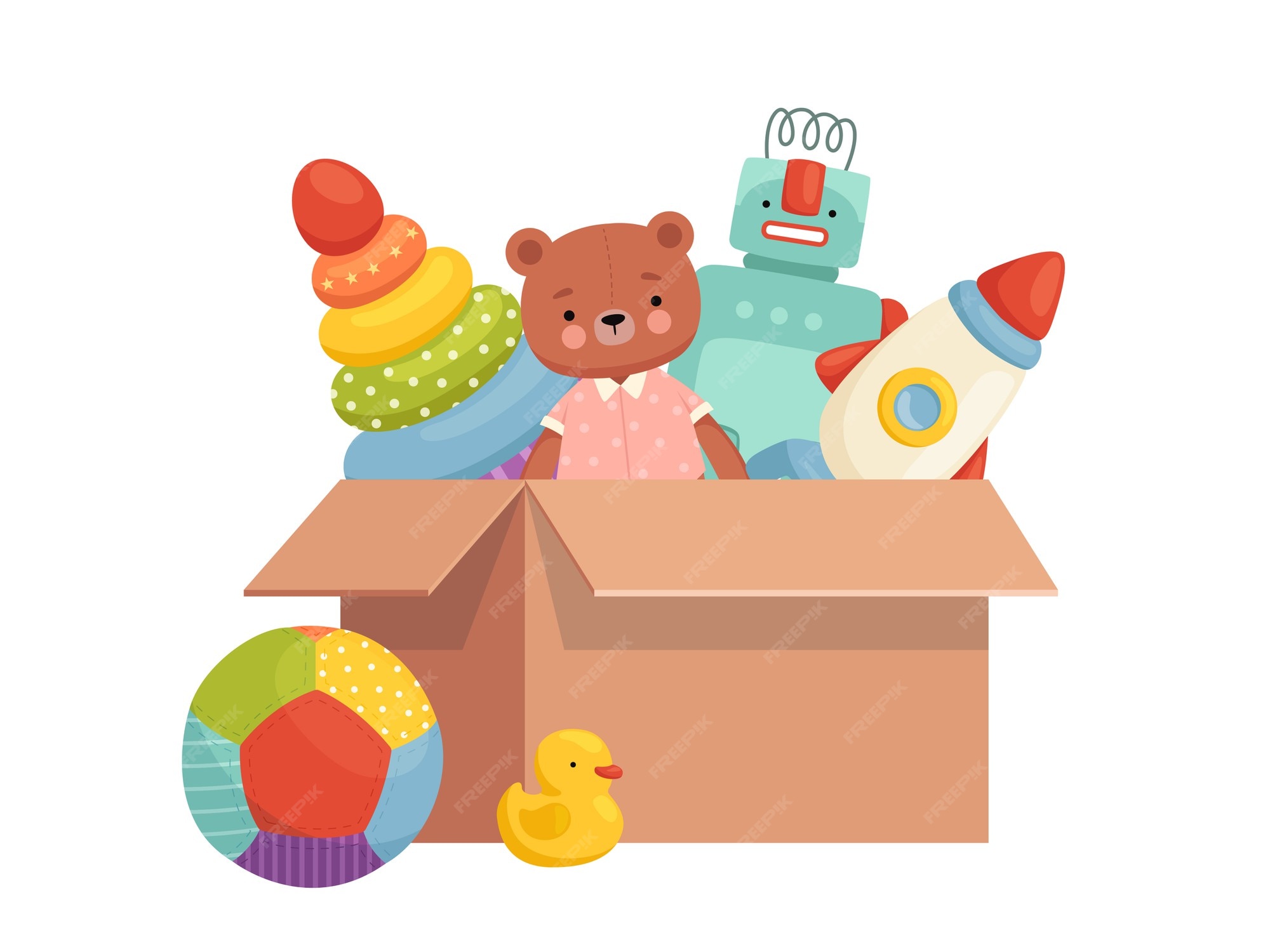 Premium Vector | Children's toys in a box. collected inventory for games and entertainment. order in children's things. cartoon flat isolated on a white background. Premium Vector | Children's toys in a box. collected inventory for games and entertainment. order in children's things. cartoon flat isolated on a white background.