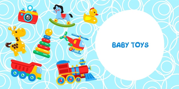 children's toys. including giraffe, camera, helicopter, duck, pyramid, locomotive, dump truck. vector illustration with place for text.