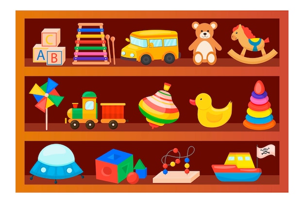 Vector children's toys on a wooden shelf. cartoon style. kit. for your design.