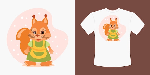 Vettore maglietta per bambini con un simpatico scoiattolo cartone animato che indossa un grembiule da casalinga
