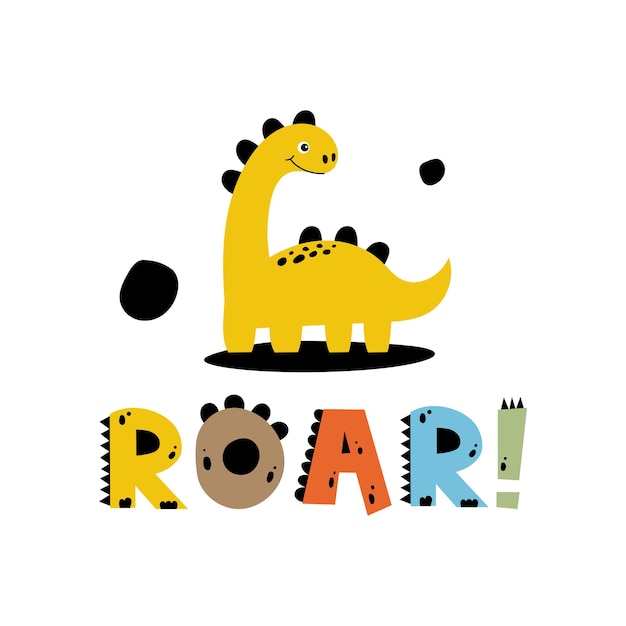 Children's vector illustration cute dinosaur and roar littering illustration for print on children's clothing little stegosaurus