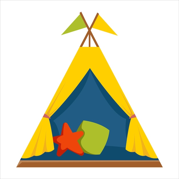 Tenda wigwam gialla per bambini per giocare e dormire con i cuscini illustrazione vettoriale