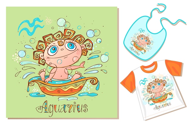 Children's zodiac. aquarius sign. examples of application on t-shirt and bib.