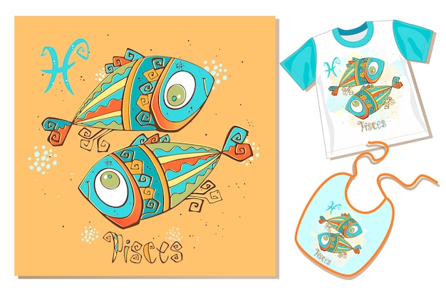 Children's zodiac. pisces. examples of application on t-shirt and bib.
